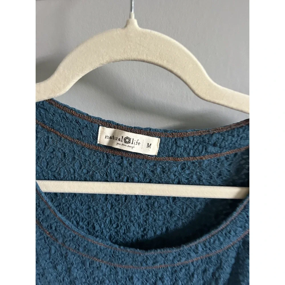 Natural Life Women Medium Teal Blue Lace Textured Knit Scoop Neck Boho Top